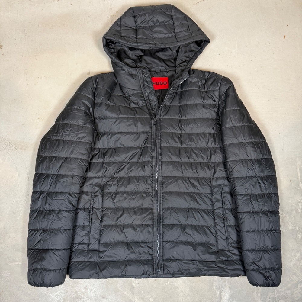 Hugo Boss Mens Black Hooded Puffer Jacket Quilted Full Zip Coat Size XL